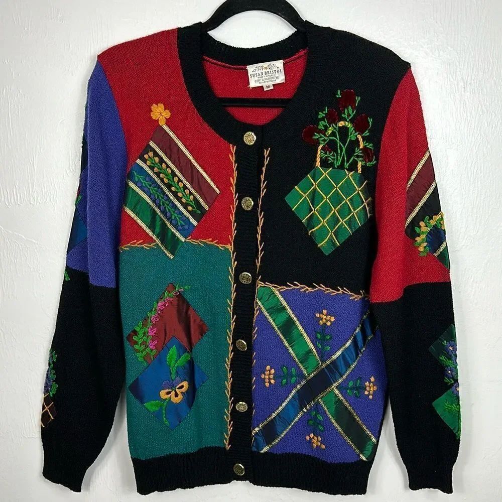 Susan Bristol Vintage Colourful Hand Embroidered Patchwork Cardigan Sweater M